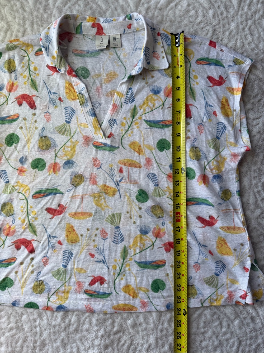 Joie Women’s XL 100% Linen Floral Bird Print Sleeveless Collared Top Coastal - Picture 6 of 8